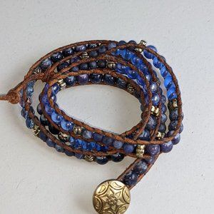 Blue Brown Beaded Wrap Bracelet 25"